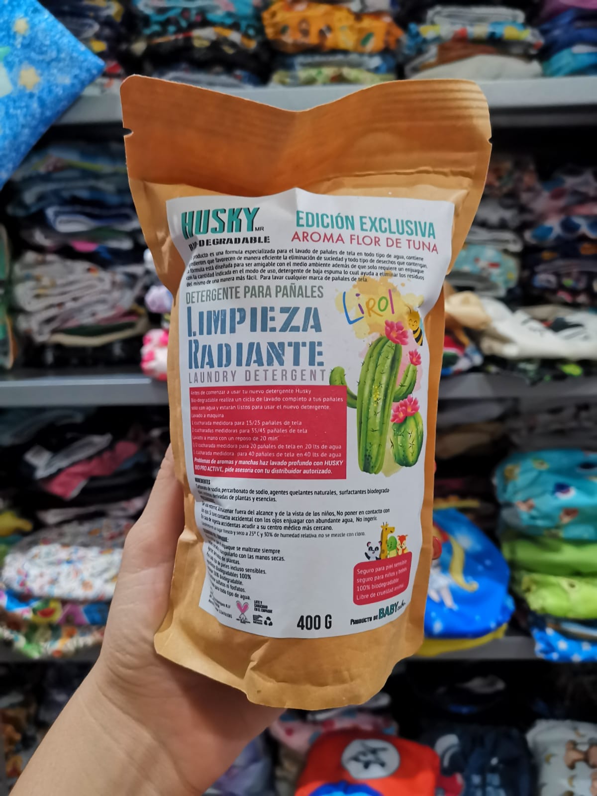 Detergente husky pañales 400 gr. Flor de tuna